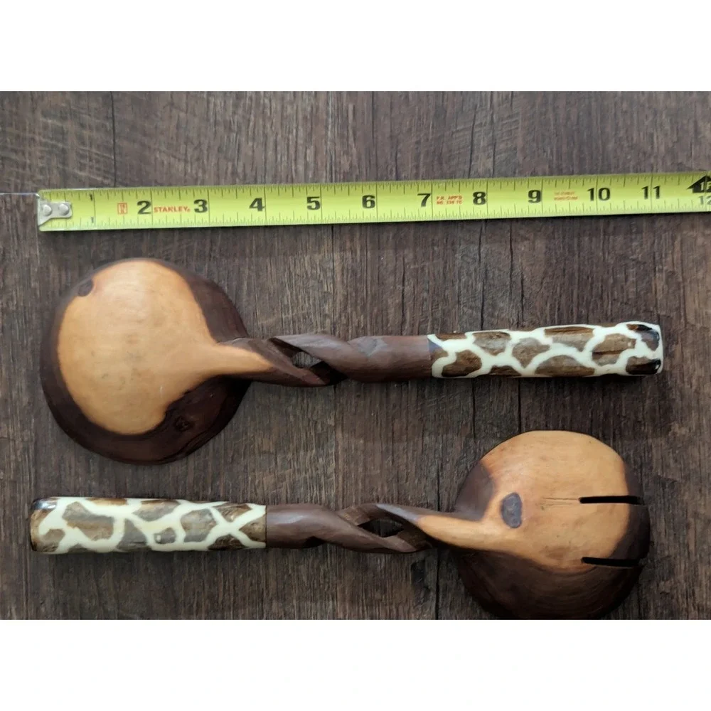 Hand-Carved African Olive Wood Salad Serving Set Giraffe Print Handles